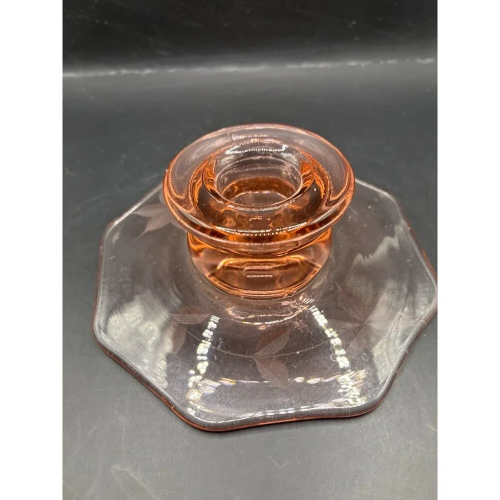 Vintage Pink Depression Glass Pillar Candle Holder Etched Floral Design